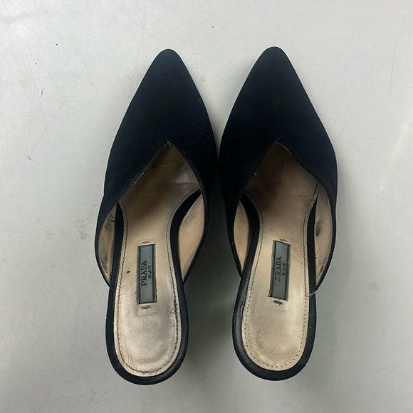 Prada Suede Whipstitch Trim Pointed Toe Cone Heel Mules - Size 37 - G85-13 - Picture 5 of 9